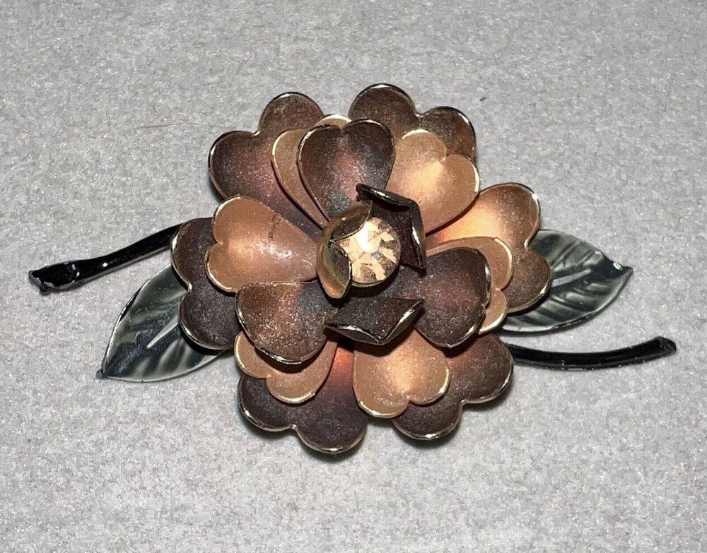Coro Vintage Large Bronzed Metal Rhinestone Dimensional Flower Brooch 3"
